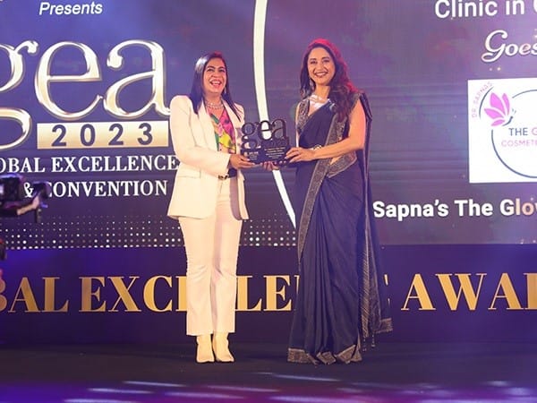 The Award for the Most Trusted Cosmetic Clinic in Gujarat goes to Dr. Sapna's The Glow Cosmetic Clinic at the GEA2023 Awards