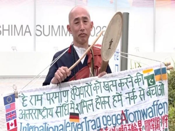 Buddhist Monk holds protest outside G7 International Media Centre in Hiroshima, calls for shunning use of nuclear weapons 