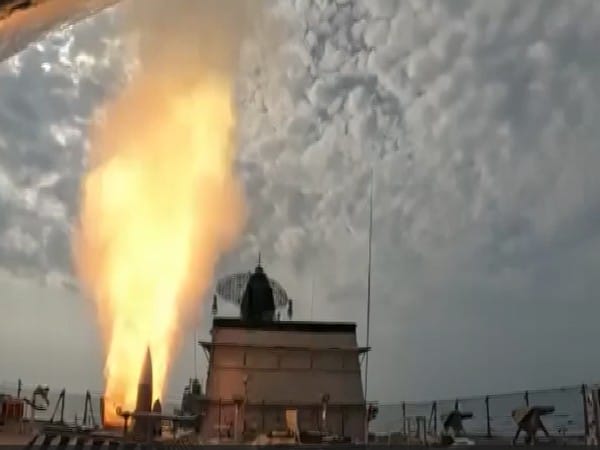 Indian Navy warship INS Mormugao engages sea-skimming supersonic target