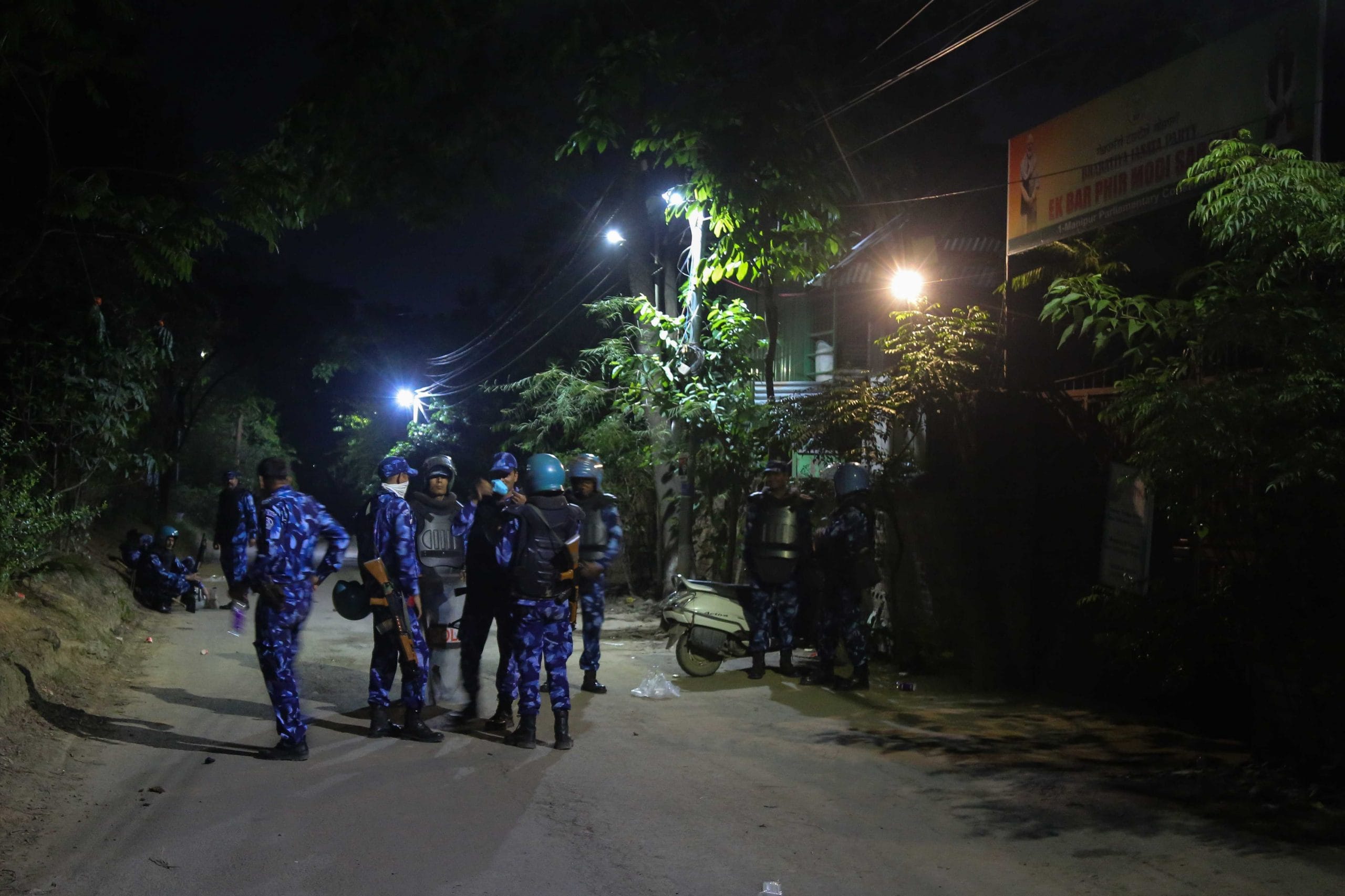 Security personnel outside the residence of Manipur minister Rajkumar Ranjan Singh in Imphal on 25 May 2023 