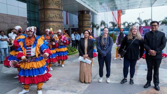 Delegates being welcomed at a G20 meeting in Dehradun. The regional approach allows states to showcase their rich diversity, thereby enhancing India’s soft power and national branding. | ANI