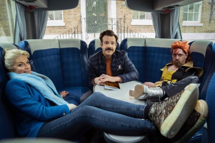 Jason Sudeikis (centre), Hanna Waddingham (left) and Brendan Hunt (right) in a Ted Lasso poster | Twitter/ @TedLasso