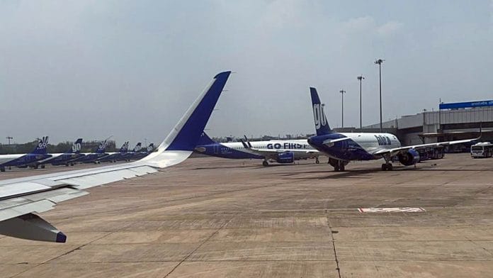 Go First aircraft grounded at T2 at Delhi's IGI airport, Wednesday | ANI