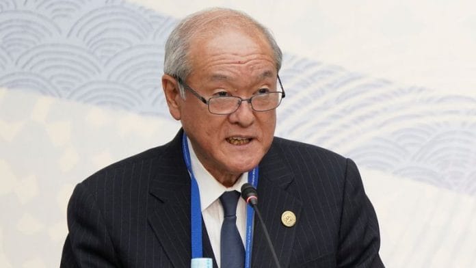 Japan's Finance Minister Shunichi Suzuki delivers a speech at the G7 High-Level Corporate Governance Roundtable in Niigata on 11 May, 2023 | Reuters