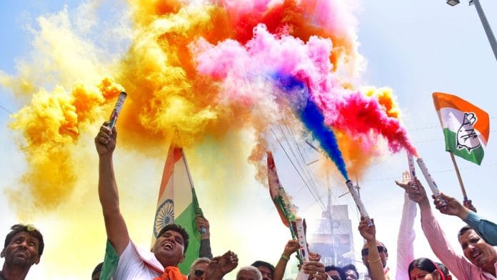Congress workers celebrate the party's victory in the Karnataka assembly elections, in Bikaner, Saturday | ANI