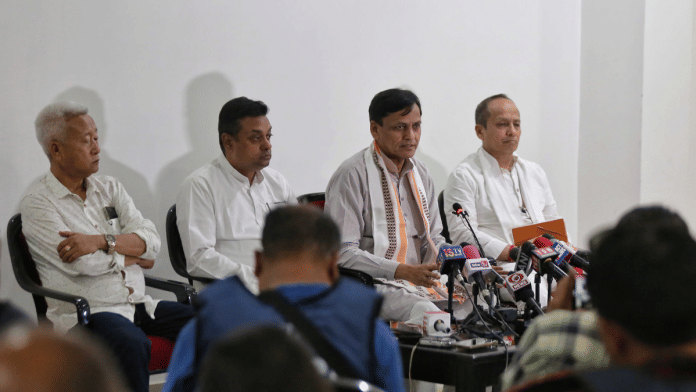 MoS (Home) Nityanand Rai and BJP national spokesperson Sambit Patra with others at CM secretariat Imphal Thursday | Photo: Suraj Singh Bisht | ThePrint