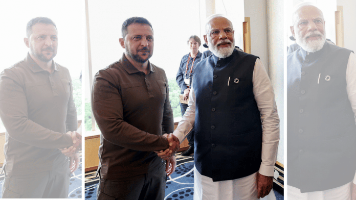 Prime Minister Narendra Modi with Ukrainian President Volodymyr Zelenskyy during a bilateral meeting on the sidelines of G7 Summit in Hiroshima, Japan, on Saturday | ANI