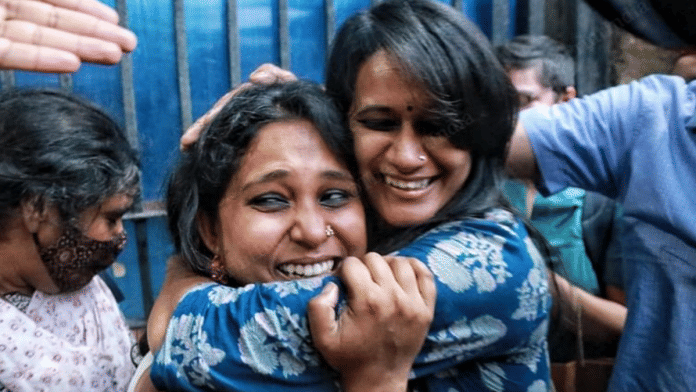 File photo of Devangana Kalita and Natasha Narwal after walking out of Tihar Jail on 17 June 2021 | Manisha Mondal | ThePrint
