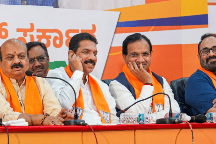 Karnataka Chief Minister Basavaraj Bommai, BJP state President Nalin Kumar Kateel with Union MoS Bhagwanth Khuba and Rajeev Chandrasekhar. Credit: PTI Photo