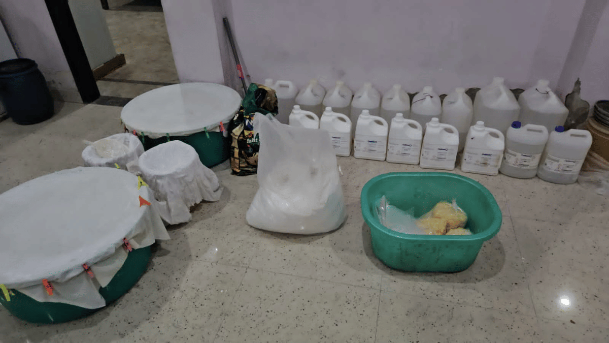 Chemicals like methyl alcohol, hypo phosphoric acid, hydrosulfuric acid, iodine crystals, among others seized by the police from Greater Noida apartment | By Special Arrangement