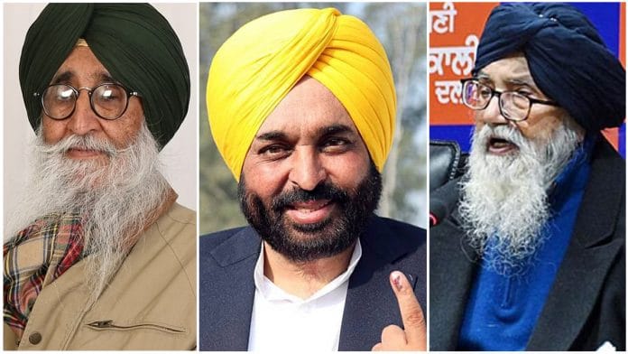 File photo of Simranjit Singh Mann, Bhagwant Mann and Parkash Singh Badal | PTI/Twitter