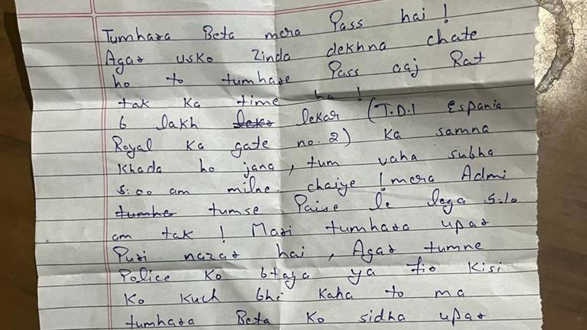 The ranson note sent to Arjit's family | Photo: By special arrangement