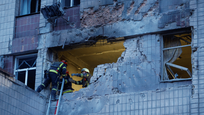 A site of a building damaged during a Russian drone strike in Kyiv on Sunday| Reuters: Valentyn Ogirenko