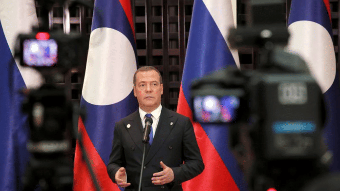 Russia's Deputy head of the Security Council Dmitry Medvedev speaks during a news conference in Vientiane, Laos | Sputnik/Yekaterina Shtukina/Pool via Reuters