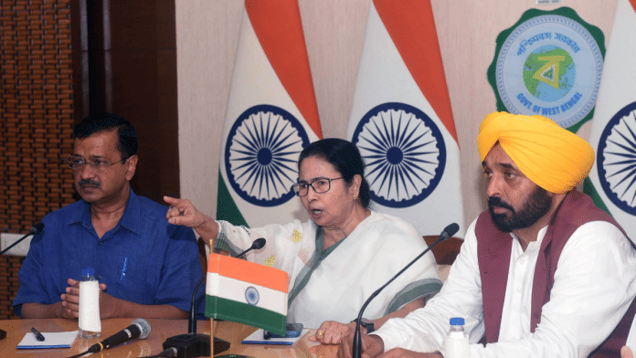 Delhi CM Arvind Kejriwal, West Bengal CM Mamata Banerjee and Punjab CM Bhagwant Mann address a joint press conference at Nabanna in Howrah on Tuesday | ANI