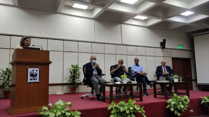 Ravi P Singh, MK Ranjitsinh, Mahesh Rangarajan and Divyabhanusinh Chavda at the launch of 'The Story of India's Cheetahs' | Simrin Sirur, ThePrint