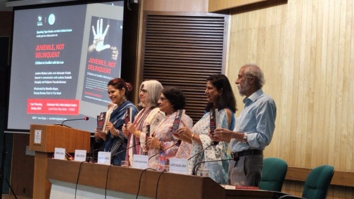 Enakshi Ganguly, Kalpana Purushothaman, Vrinda Grover and Justice Madan Lokur pose with a copy of ‘Juvenile, Not Delinquent: Children in Conflict with the Law’ at Delhi’s IHC | Photo: Raghav Bikhchandani