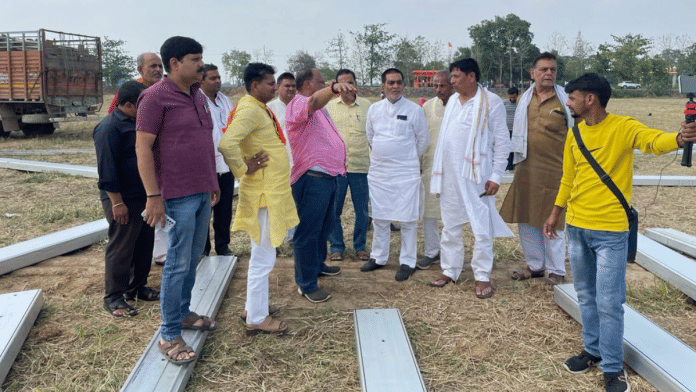 BJP MP Ram Kripal Yadav (centre) takes stock of preparations at the venue where self- styled godman Dhirendra Krishna Shastri will meet his followers | Twitter | @ramkripalmp