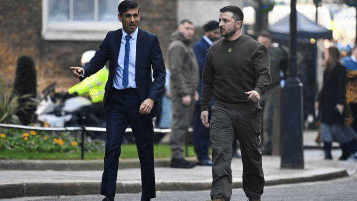 Ukraine's President Volodymyr Zelenskyy and British Prime Minister Rishi Sunak walk outside Number 10 Downing Street in London | FIle Photo: Reuters