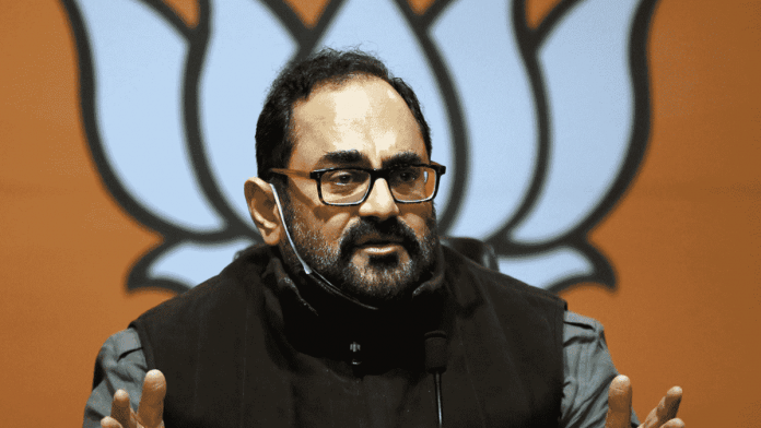 File photo of Union Information and Technology Minister Rajeev Chandrasekhar addressing a press conference at the BJP headquarters in New Delhi | ANI