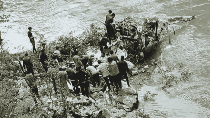 File photo of people gathering after a ALH Dhruv crashed in Kishtwar | ANI