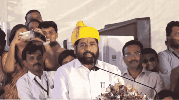 Maharashtra Chief Minister Aknath Shinde addressing a public rally in Ahmednagar | Photo: @mieknathshinde/Twitter