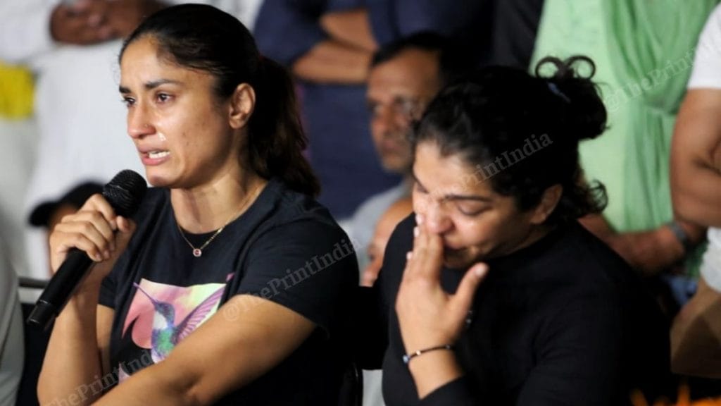 Wrestlers Vinesh Phogat, Sakshi Malik addressing media at Jantar Mantar Saturday | Praveen Jain | ThePrint