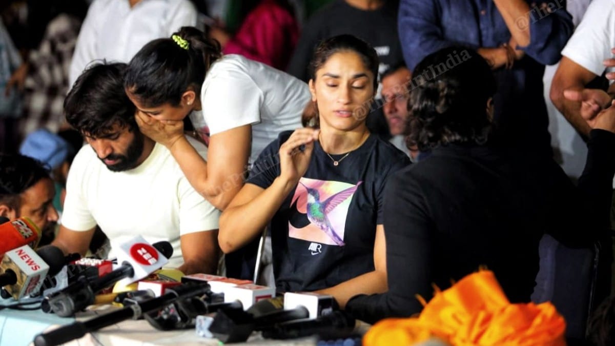 Wrestlers Bajrang Punia, Vinesh Phogat, Sakshi Malik addressing media at Jantar Mantar Saturday | Praveen Jain | ThePrint