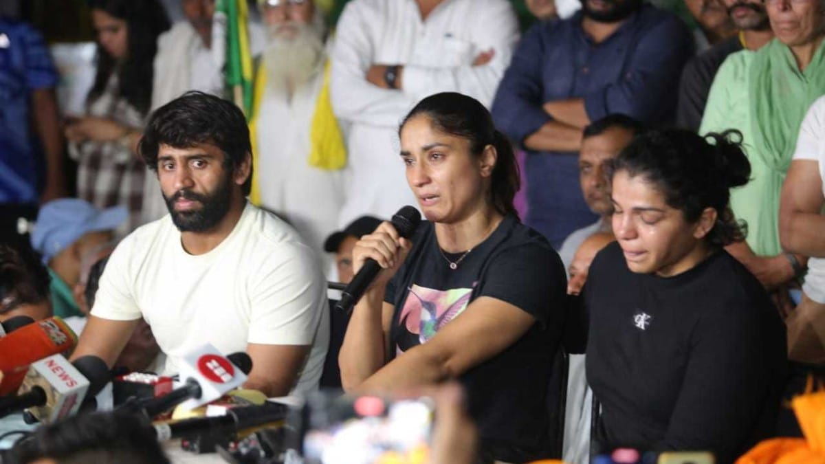 Wrestlers Bajrang Punia, Vinesh Phogat, Sakshi Malik addressing media at Jantar Mantar Saturday | Praveen Jain | ThePrint