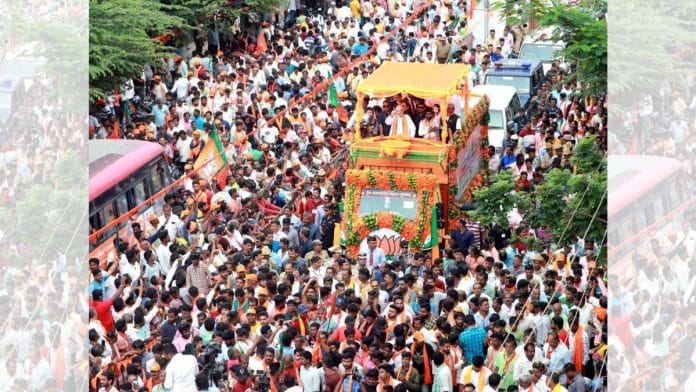 Union Home Minister Amit Shah holds a roadshow ahead of Karnataka Assembly election | Photo: ANI Photo