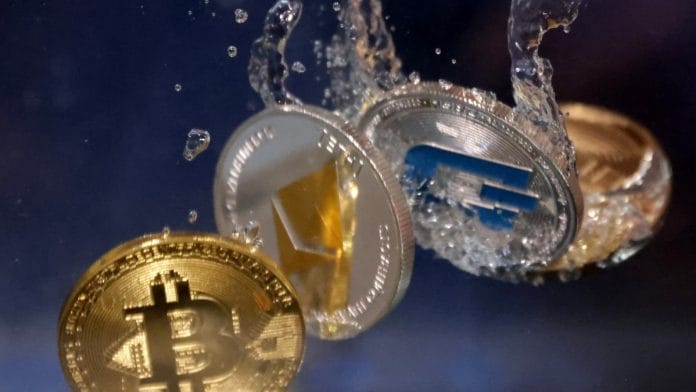 Representations of cryptocurrency Bitcoin, Ethereum and Dash plunge into water | Illustration by Dado Ruvic/Reuters