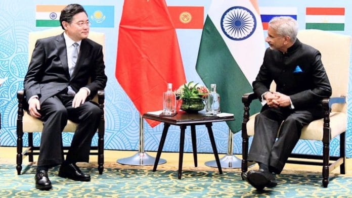 External Affairs Minister S. Jaishankar at a bilateral meeting with his Chinese counterpart Qin Gang, in Goa Thursday | Credit: Twitter/@DrSJaishankar