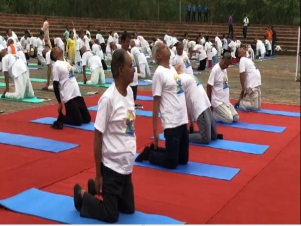 Indian Ambassador to Nepal Naveen Srivastava, Tourism Minister Sudan Kirati perform Yoga at Lumbini