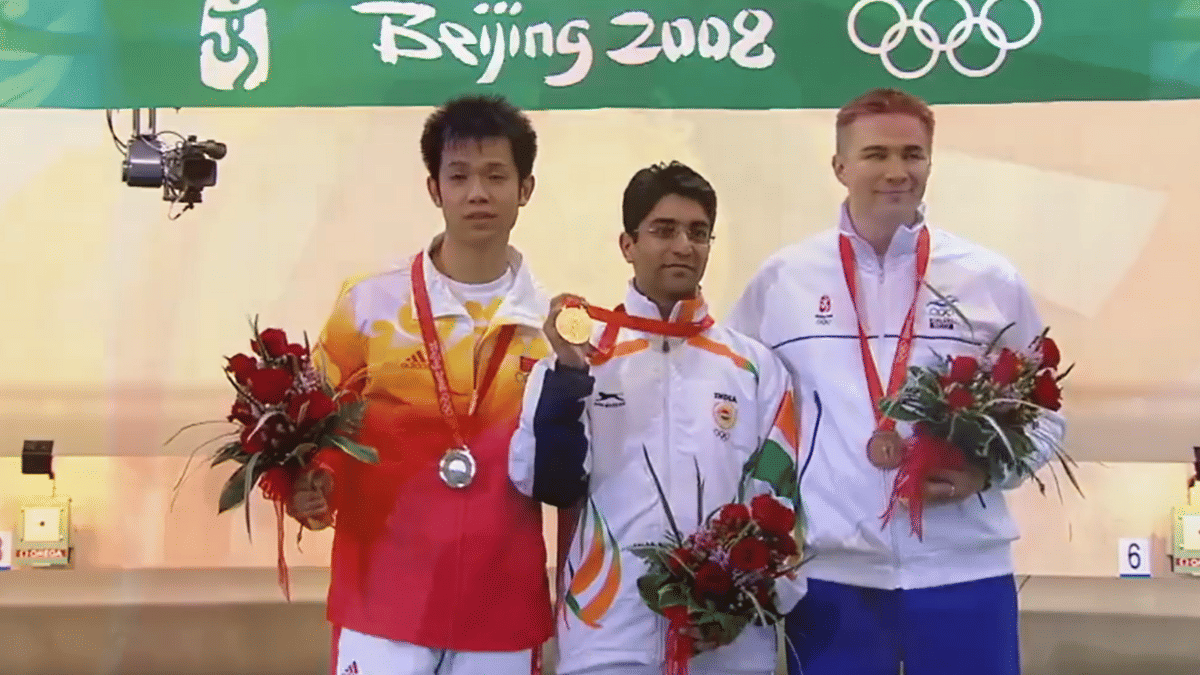 Abhinav Bindra wins in the men's 10m air rifle event at the 2008 Olympics in Beijing| Screengrab from video on Twitter:@Abhinav_Bindra