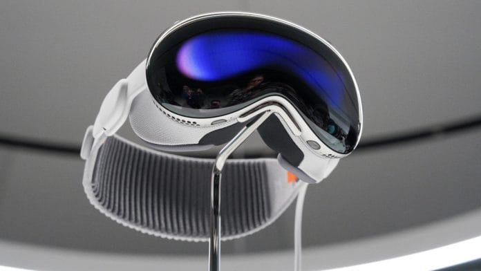 Apple's Vision Pro headset is on display at Apple's annual Worldwide Developers Conference at the company's headquarters in Cupertino, California, on 5 June 2023 | Reuters/Loren Elliott