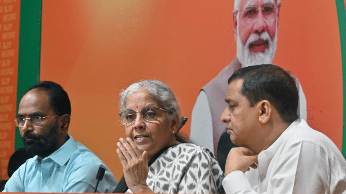 Union Finance Minister Nirmala Sitharaman at the BJP office in New Delhi on Sunday. | ANI
