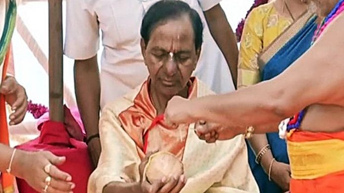 File photo of Telangana CM K. Chandrashekar Rao performing pooja at Sri Lakshmi Narasimha Swamy Temple last year | ANI