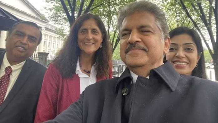 Anand Mahindra with Mukesh Ambani (far left), Sunita Williams and Vrinda Kapoor (right) | Photo: Twitter/@anandmahindra