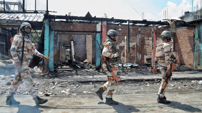 File photo of security personnel patrolling Churachandpur before Union Home Minister Amit Shah’s visit | Suraj Singh Bisht | ThePrint