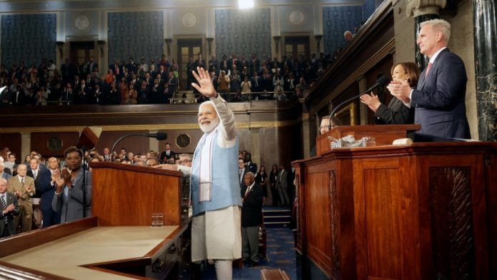 PM Narendra Modi waves while addressing the joint sitting of the US Congress at Capitol Hill, Washington DC, Friday | ANI