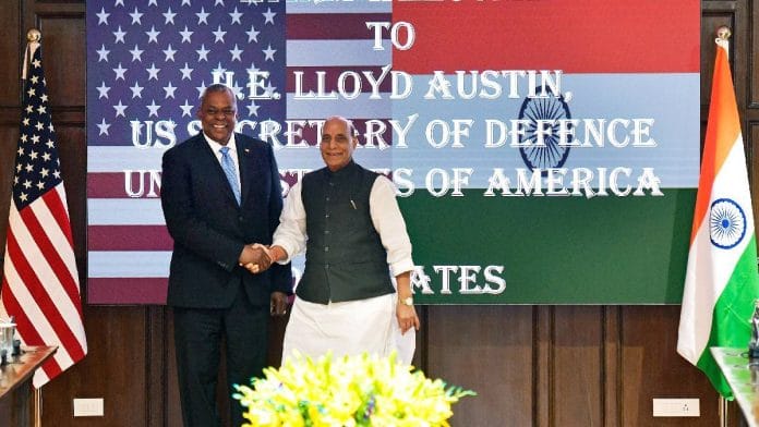 Defence Minister Rajnath Singh with US counterpart Lloyd Austin | File Photo | ANI