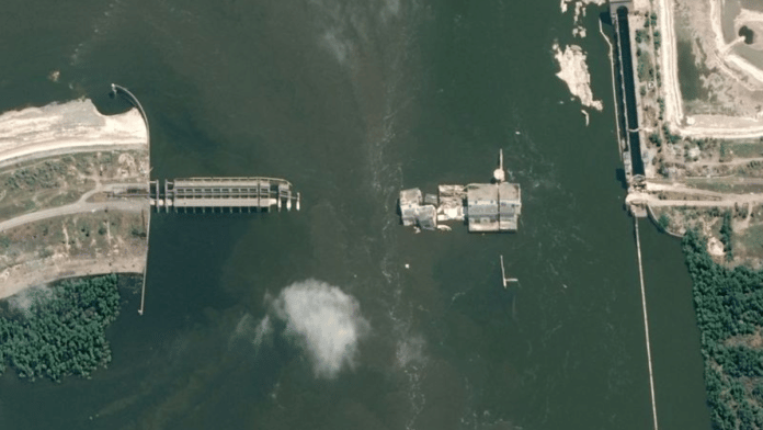 A satellite image shows a closer view of the Nova Kakhovka dam after its collapse | Maxar Technologies/handout via Reuters/file photo