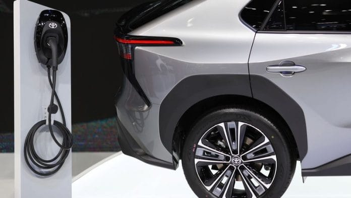 A Toyota EV car is seen at the Bangkok International Motor Show in Bangkok/File Photo: Reuters