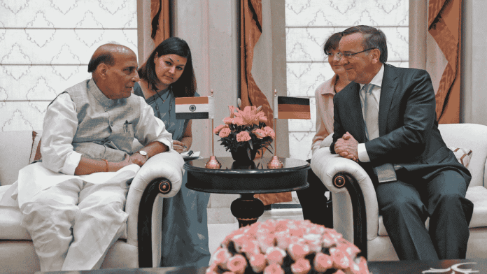 Defence Minister Rajnath Singh meets German Federal Minister of Defence Boris Pistorius at Manekshaw Centre in New Delhi | ANI