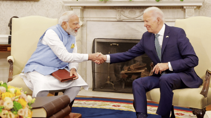 Prime Minister Narendra Modi and US President Joe Biden greet each other during bilateral talks in the Oval Office of the White House, in Washington, DC | ANI
