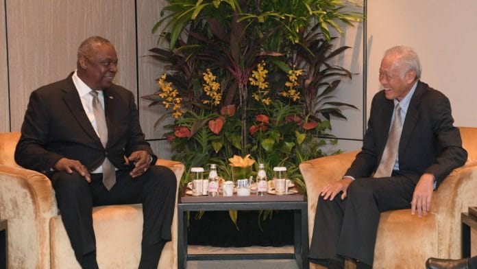 Singapore's Minister for Defence Dr Ng Eng Hen meets with US Defense Secretary Lloyd Austin on the sidelines of the 20th Shangri-La Dialogue in Singapore | Defence/Handout via Reuters