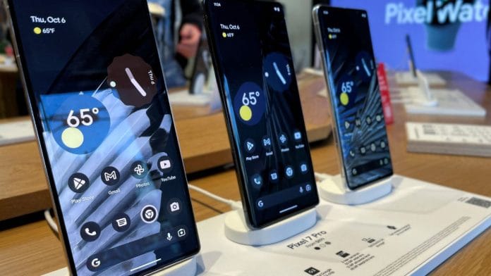 New Google Pixel 7 Pro smartphones are displayed at a launch event in New York | Reuters/Roselle Chen