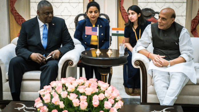 US Secretary of Defence Lloyd Austin with Defence Minister Rajnath Singh in New Delhi | Twitter | @SecDef