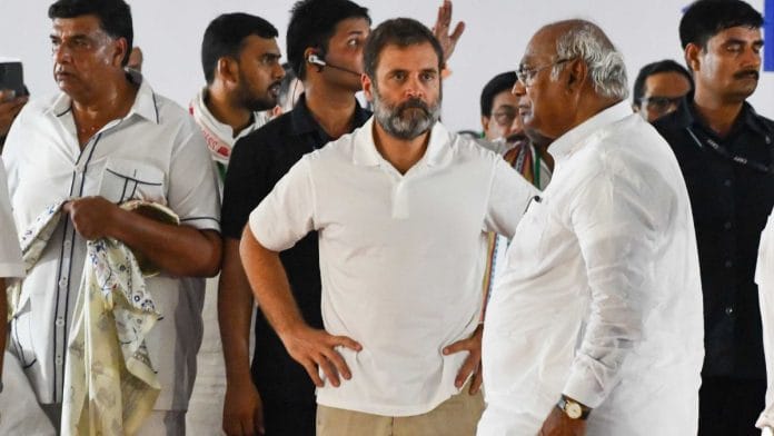 Congress President Mallikarjun Kharge and party leader Rahul Gandhi in Patna | ThePrint photo by Suraj Singh Bisht