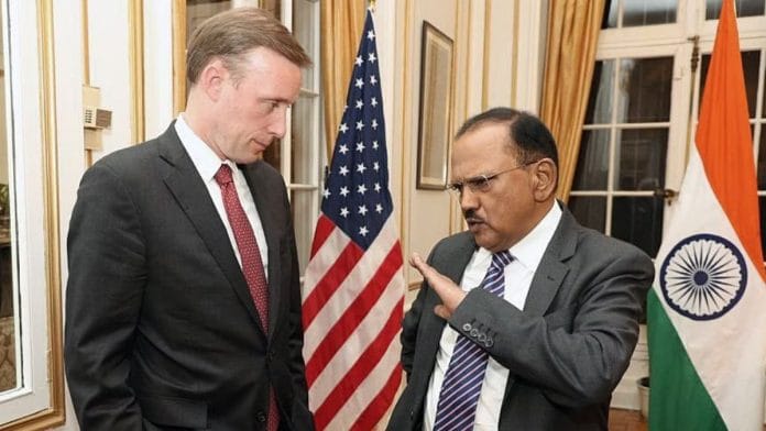Representational image | NSA Ajit Doval interacts with White House National Security Advisor to US President Jake Sullivan at India House in Washington on 31 January 2023 | Photo: ANI